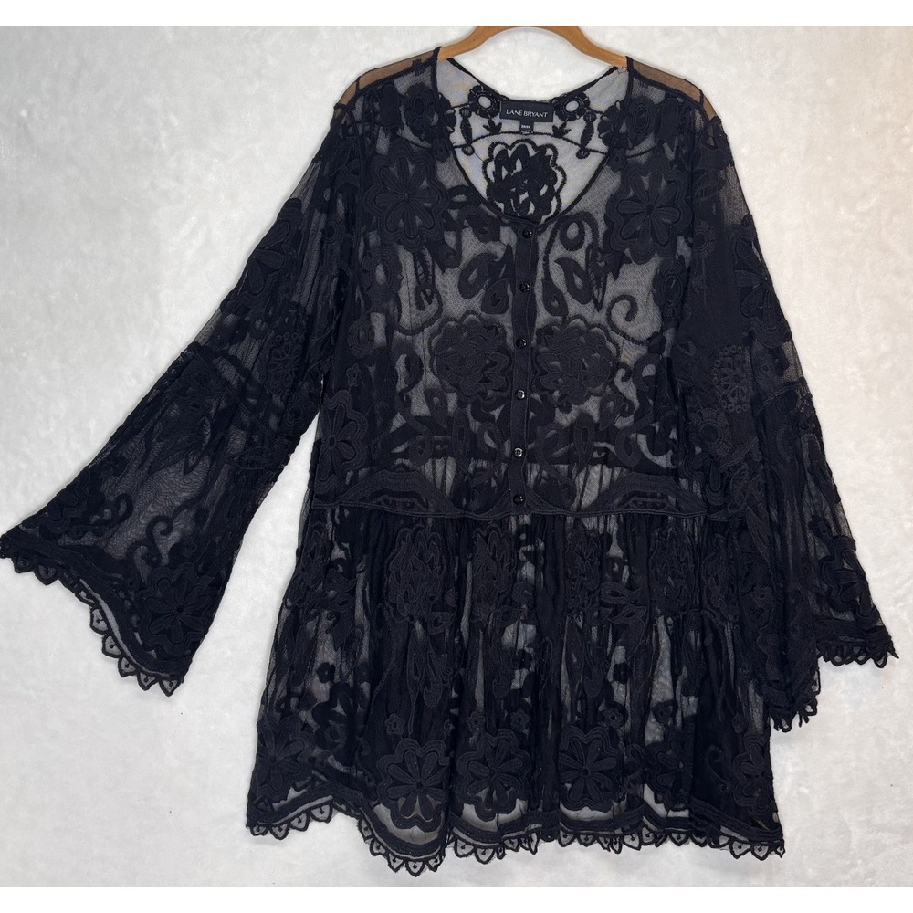 Lane Bryant Black Lace Sheer Tunic Whimsigoth Gothic Witchy Bell Sleeve 22/24 3X